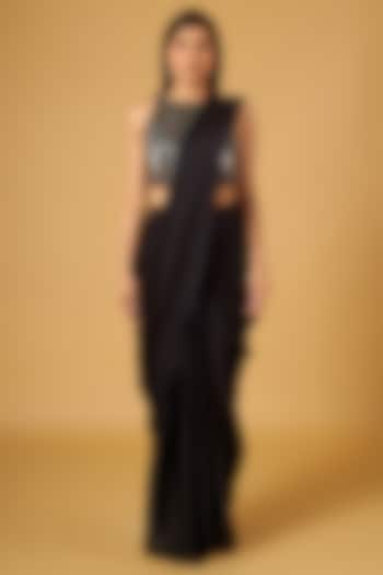 Black Satin Georgette Frilled Pre-Stitched Party Wear Saree Set by Maisolos at Pernia's Pop Up Shop