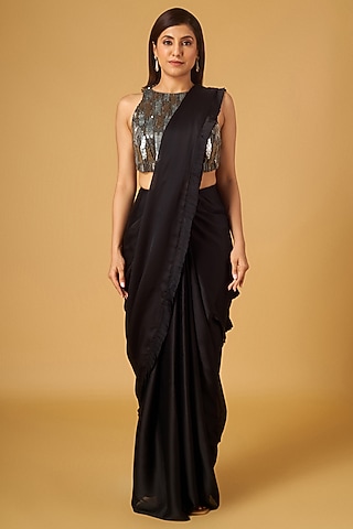 Black Satin Georgette Frilled Pre-Stitched Saree Set by Maisolos