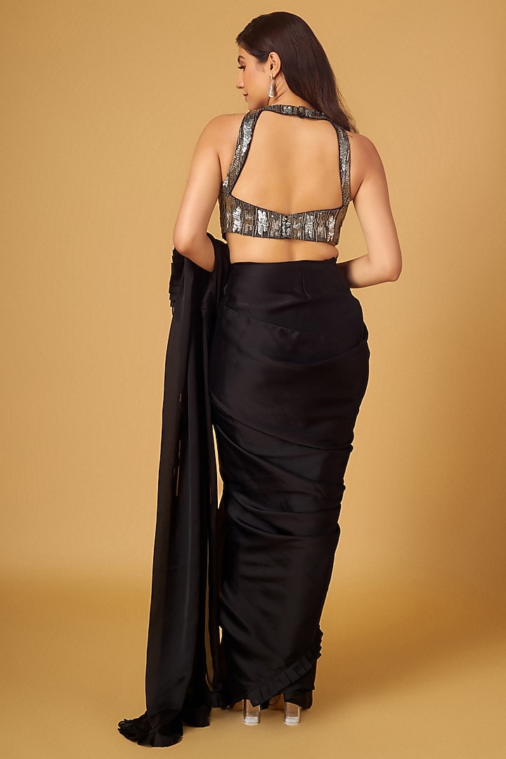 Black Satin Georgette Frilled Pre-Stitched Party Wear Saree Set by Maisolos at Pernia's Pop Up Shop