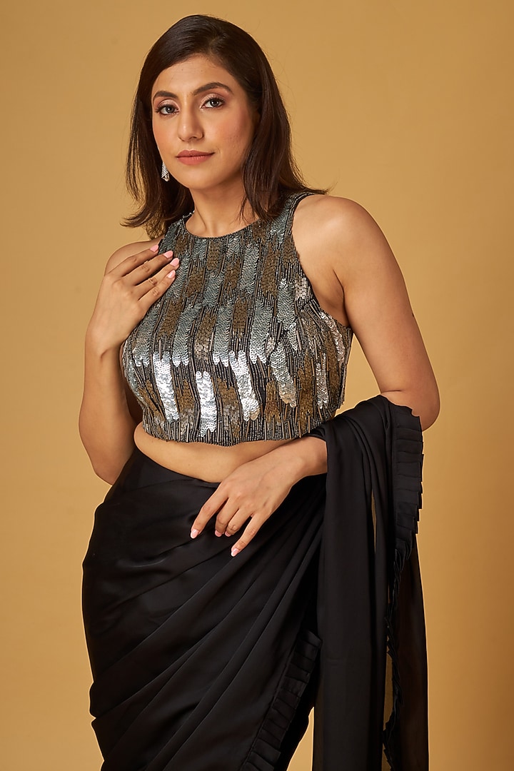 Black Satin Georgette Frilled Pre-Stitched Party Wear Saree Set by Maisolos at Pernia's Pop Up Shop