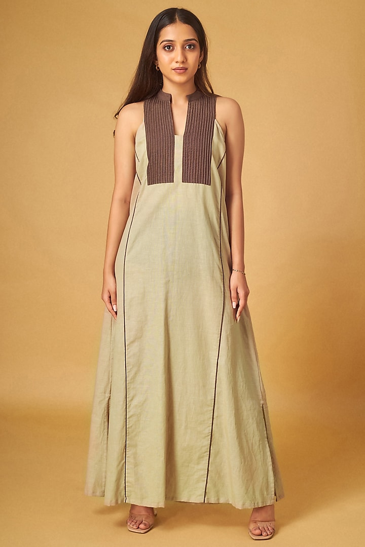 Khaki Cotton Linen A-Line Dress by Maisolos