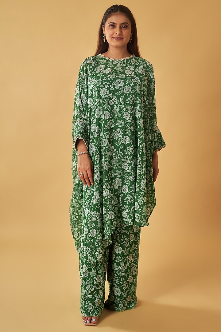 Green Georgette Floral Printed Tunic Set by Maisolos