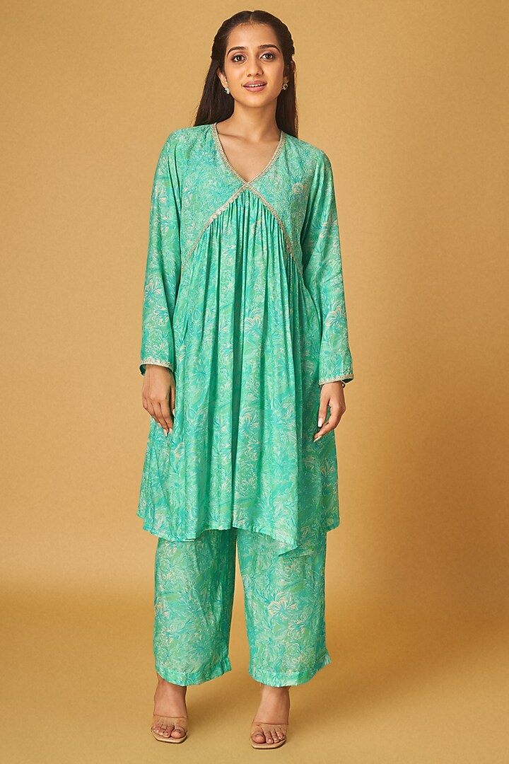 Green Cotton Silk Abstract Printed Tunic Set by Maisolos at Pernia's Pop Up Shop
