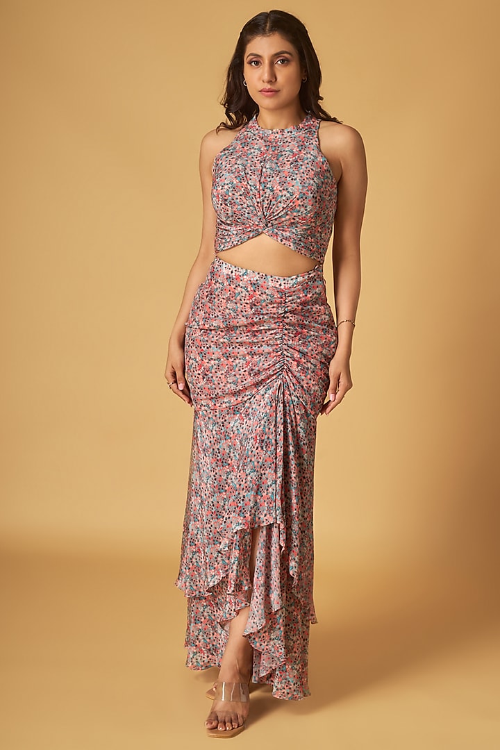 Peach Crepe Stainglass Printed Draped Skirt Set by Maisolos