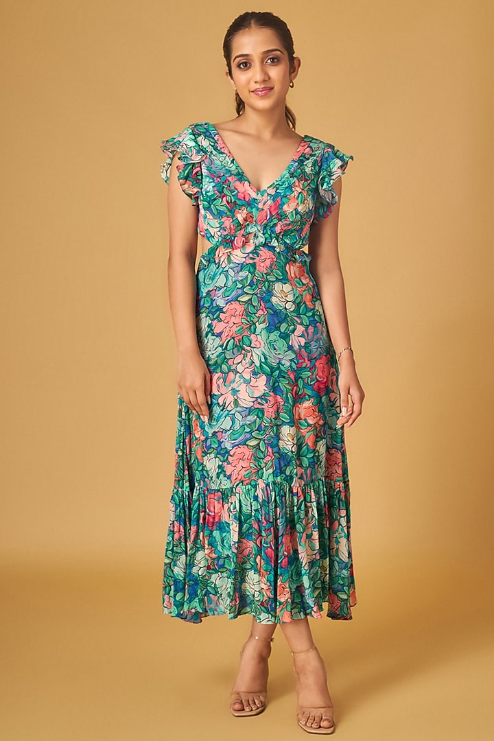 Blue Crepe Floral Printed Midi Summer Dress by Maisolos at Pernia's Pop Up Shop