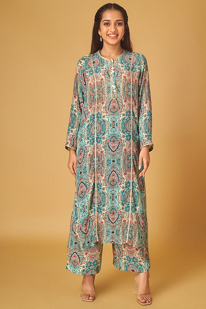 Blue Crepe Abstract Printed & Gota Embroidered Kurta Set by Maisolos