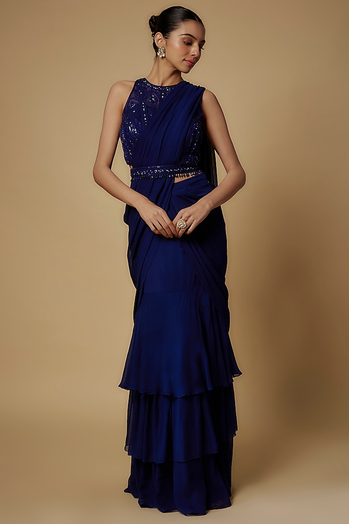 Navy Blue Net & Georgette Cutdana Embroidered Draped Saree Set by Maisolos