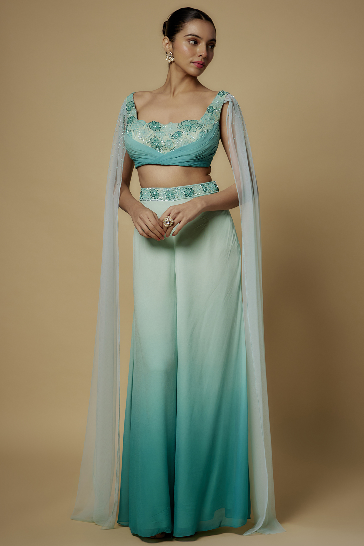 Mint Green Georgette & Net Shaded Wedding Sharara Set by Maisolos at Pernia's Pop Up Shop
