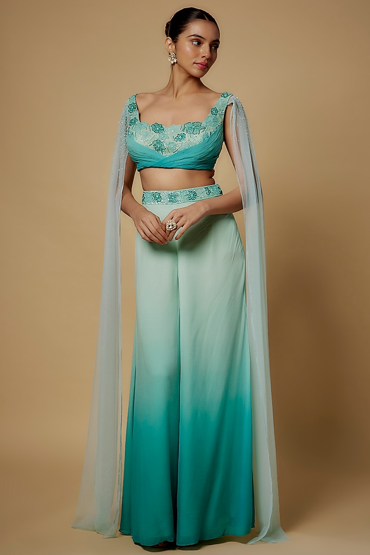 Mint Green Georgette & Net Shaded Wedding Sharara Set by Maisolos at Pernia's Pop Up Shop