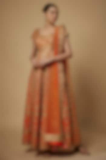 Orange Raw Silk Hand Embroidered Kalidar Bridal Anarkali Set by Maisolos at Pernia's Pop Up Shop