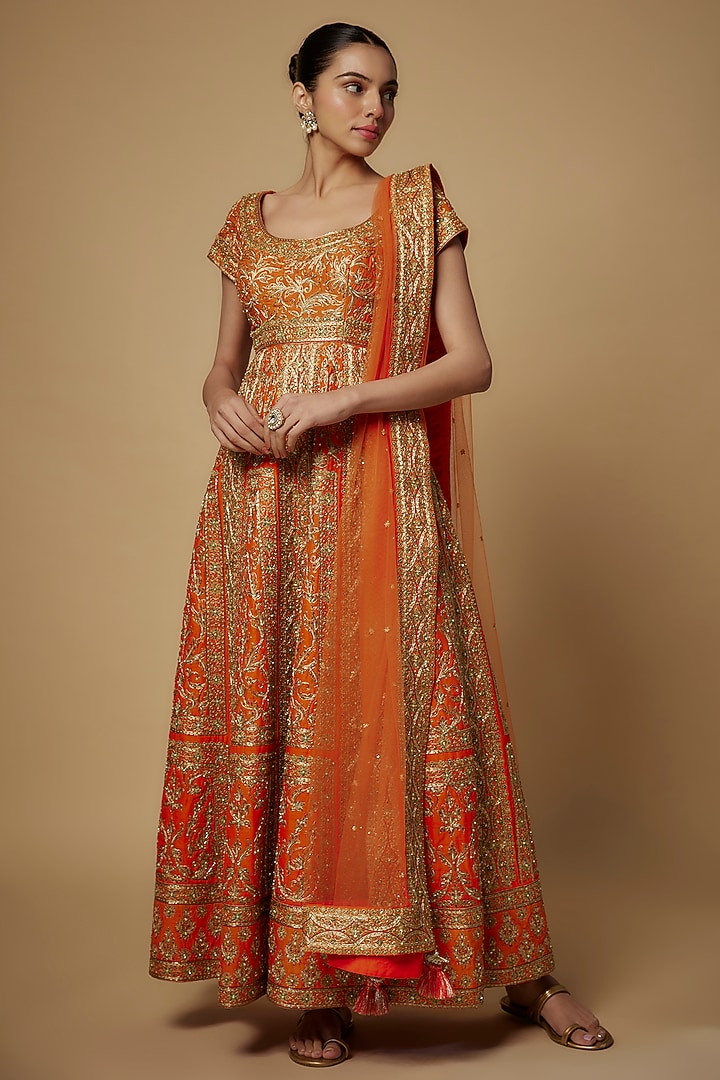 Orange Raw Silk Hand Embroidered Kalidar Bridal Anarkali Set by Maisolos at Pernia's Pop Up Shop