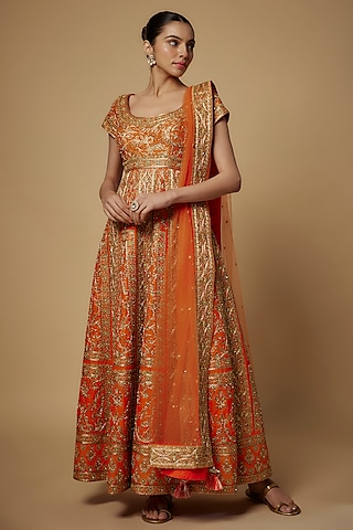 Orange Raw Silk Hand Embroidered Kalidar Anarkali Set by Maisolos