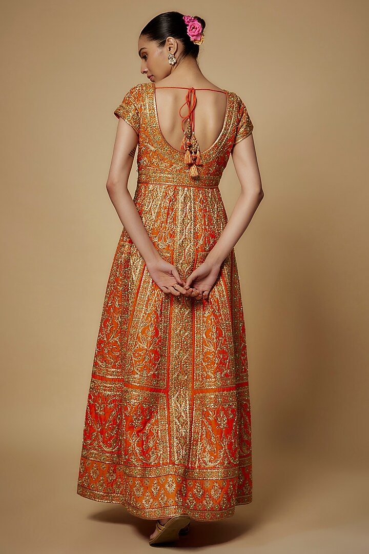 Orange Raw Silk Hand Embroidered Kalidar Bridal Anarkali Set by Maisolos at Pernia's Pop Up Shop