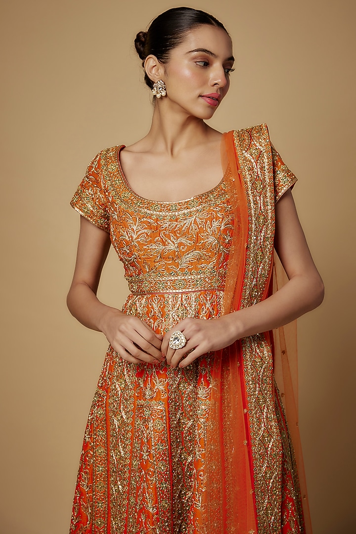 Orange Raw Silk Hand Embroidered Kalidar Bridal Anarkali Set by Maisolos at Pernia's Pop Up Shop