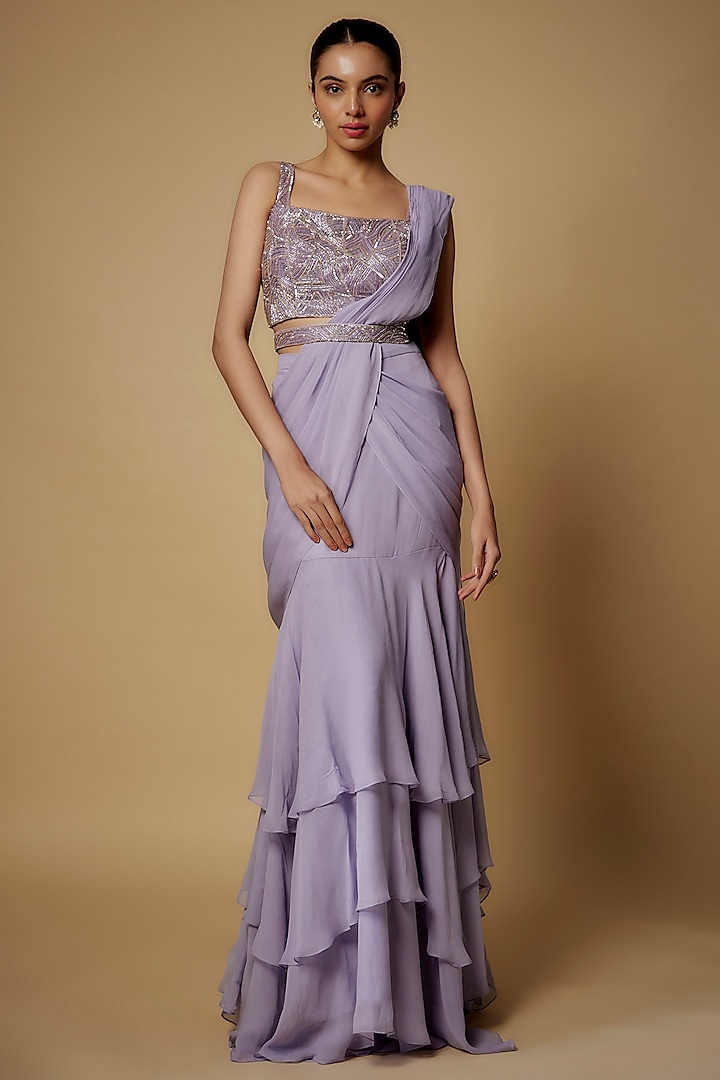 Lilac Georgette Draped Saree Set by Maisolos