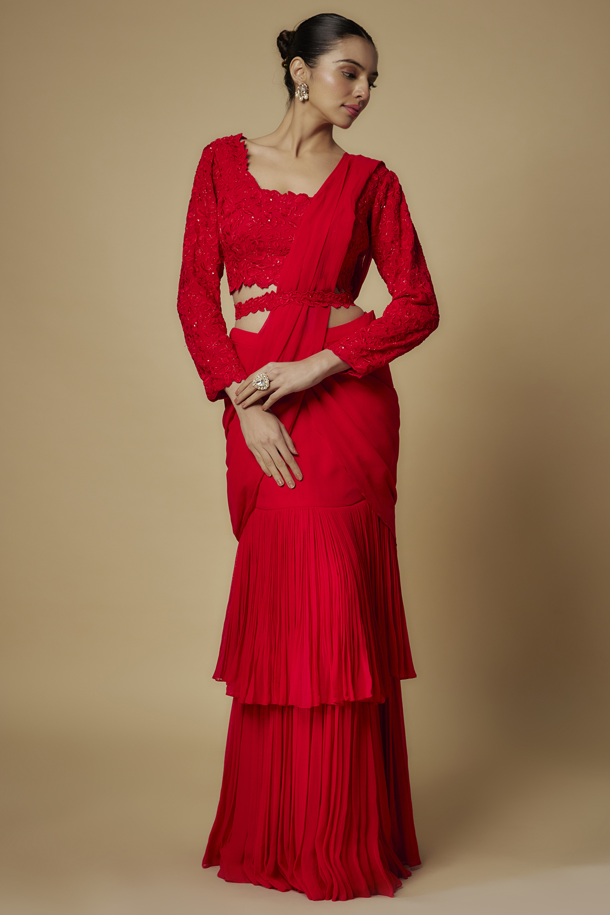 Red Georgette Draped Wedding Saree Set by Maisolos at Pernia's Pop Up Shop
