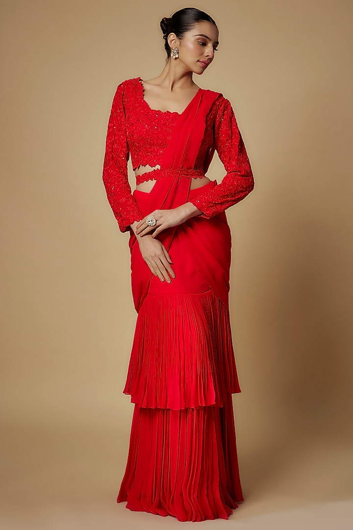 Red Georgette Draped Wedding Saree Set by Maisolos at Pernia's Pop Up Shop