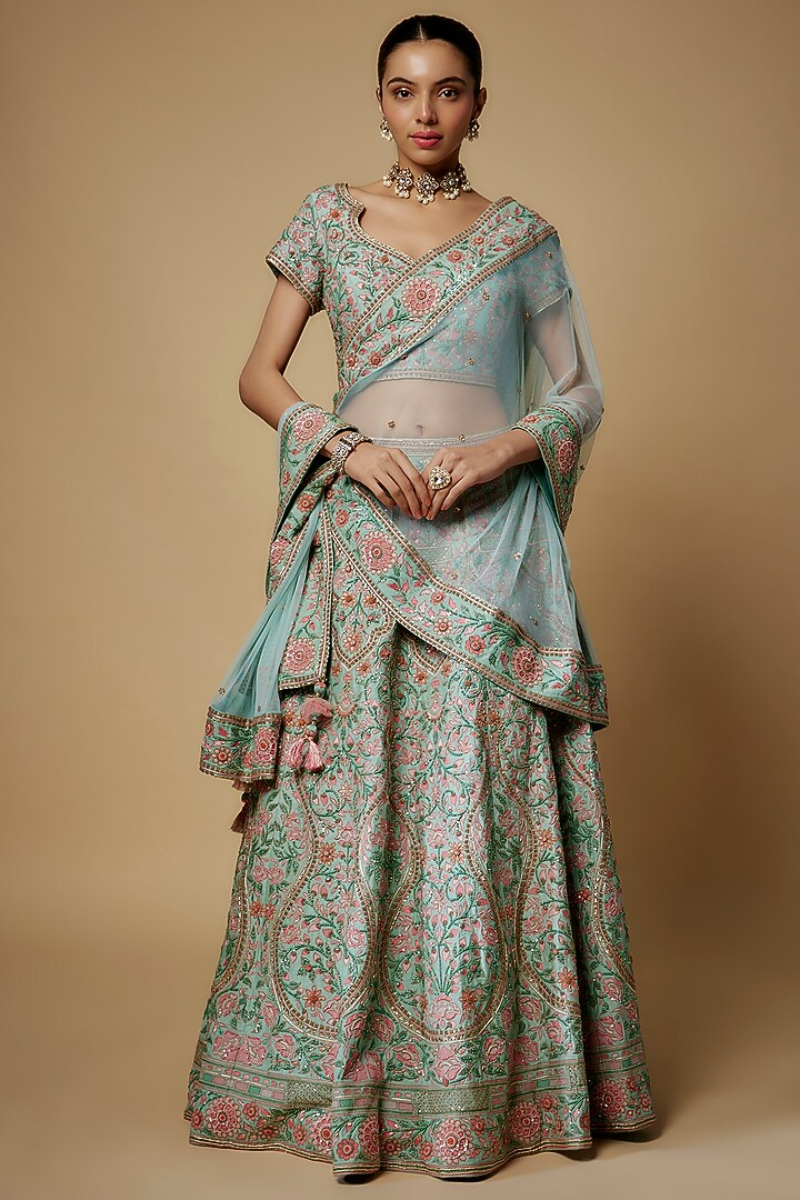 Light Blue Raw Silk Thread & Sequins Embroidered Bridal Lehenga Set by Maisolos at Pernia's Pop Up Shop