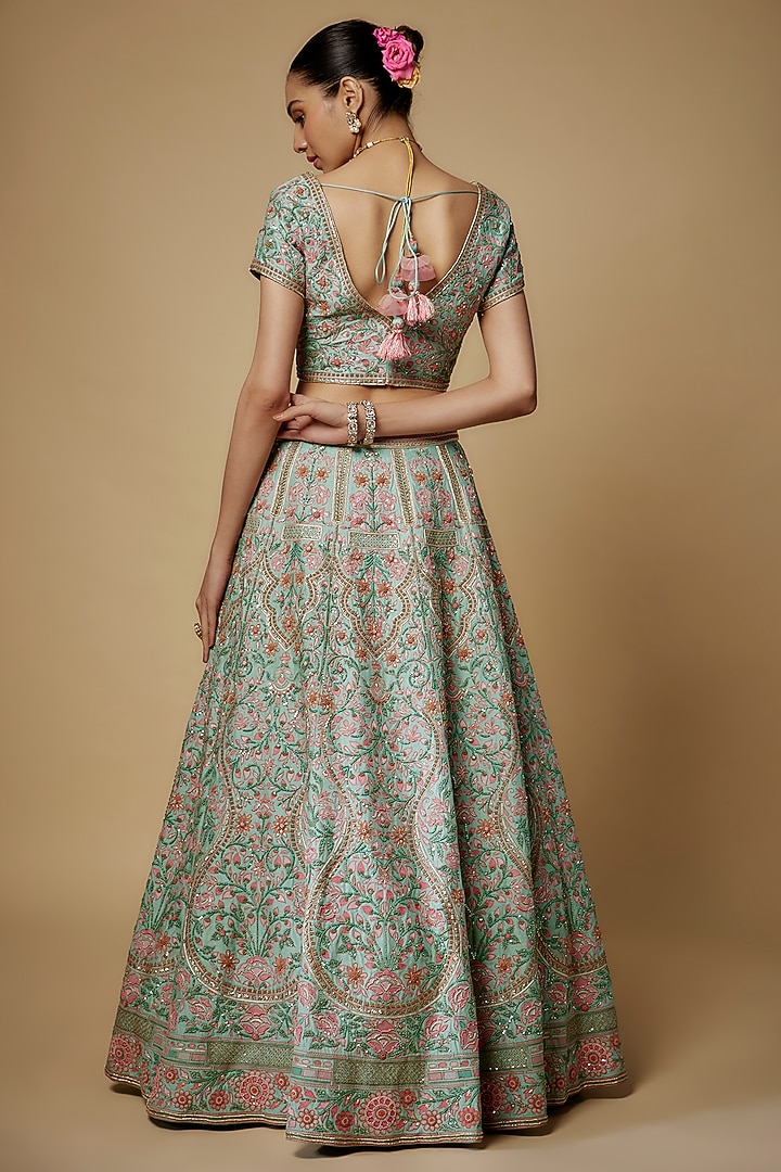 Light Blue Raw Silk Thread & Sequins Embroidered Bridal Lehenga Set by Maisolos at Pernia's Pop Up Shop