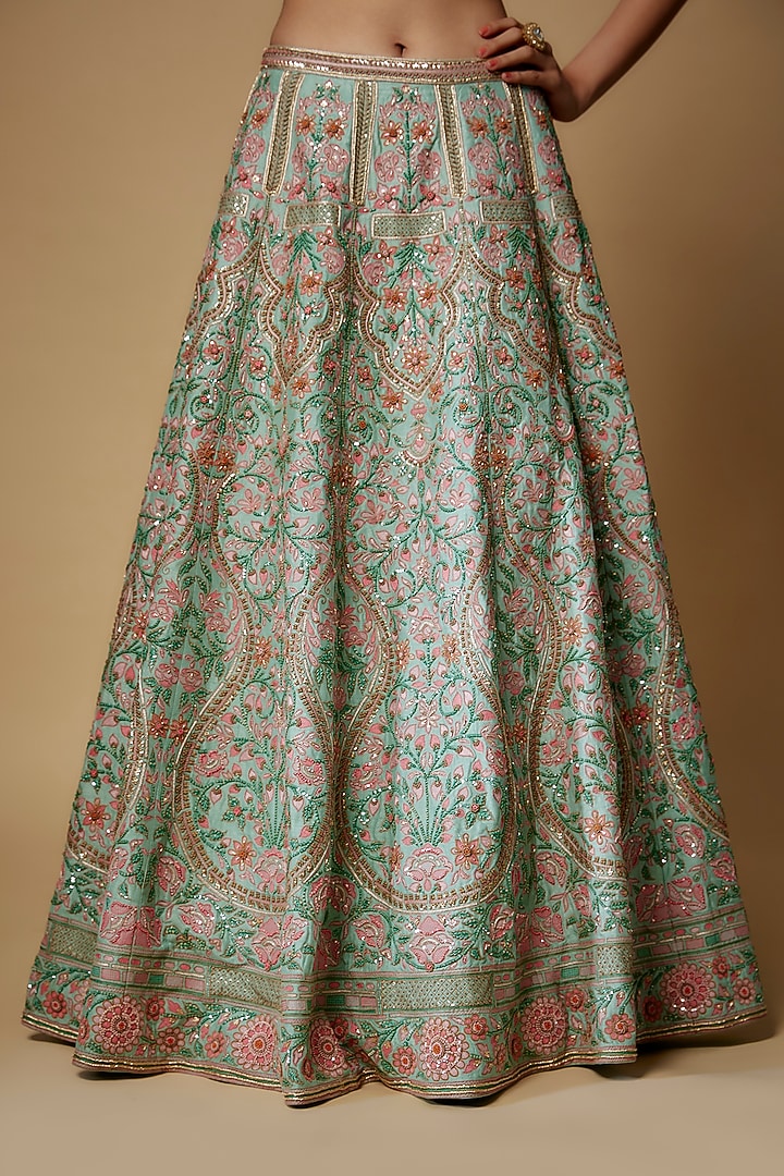 Light Blue Raw Silk Thread & Sequins Embroidered Bridal Lehenga Set by Maisolos at Pernia's Pop Up Shop