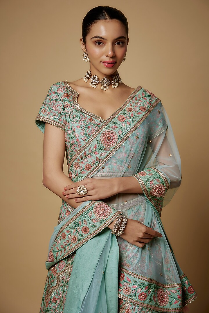 Light Blue Raw Silk Thread & Sequins Embroidered Bridal Lehenga Set by Maisolos at Pernia's Pop Up Shop