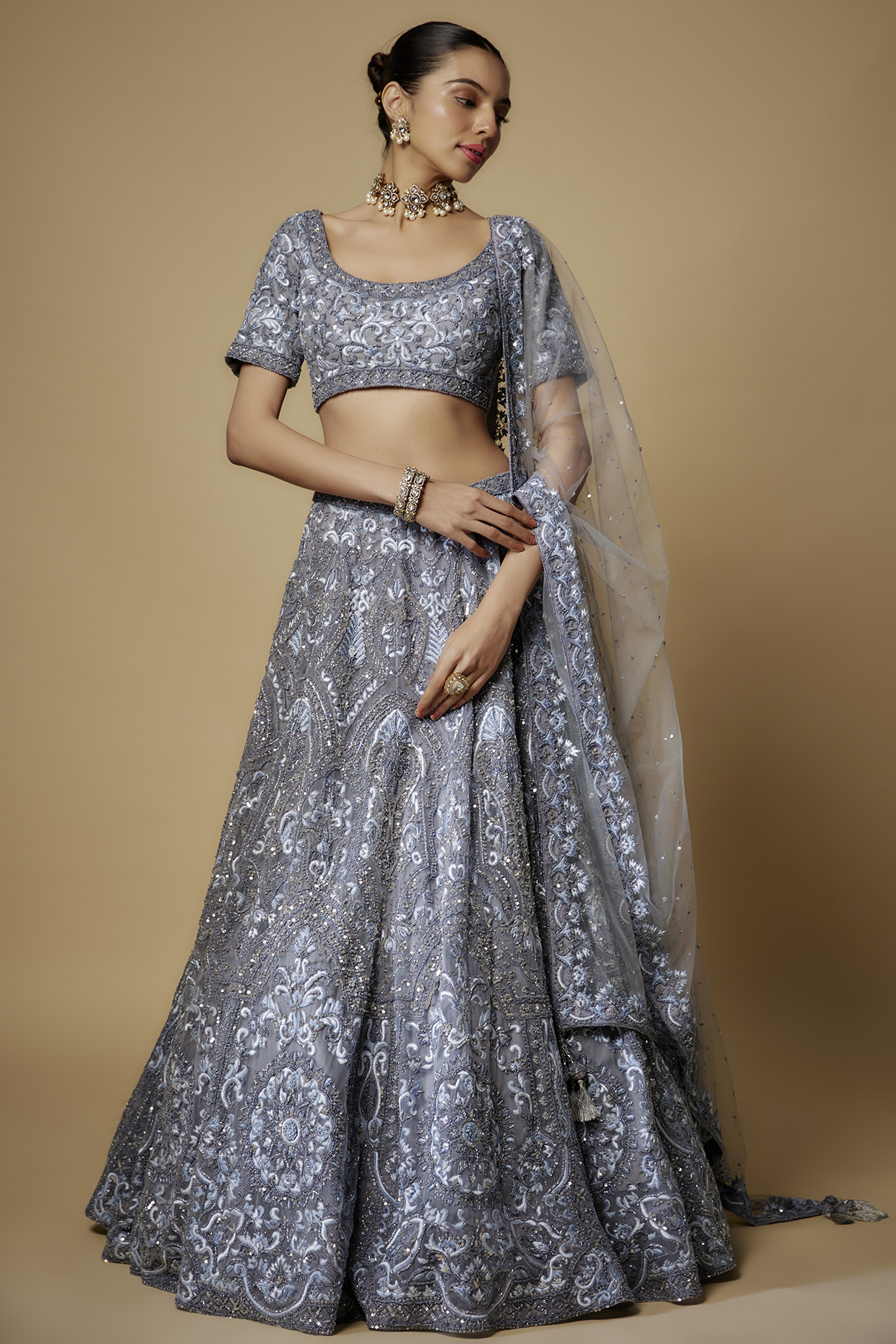 Grey Net Thread & Cutdana Embroidered Bridal Lehenga Set by Maisolos at Pernia's Pop Up Shop