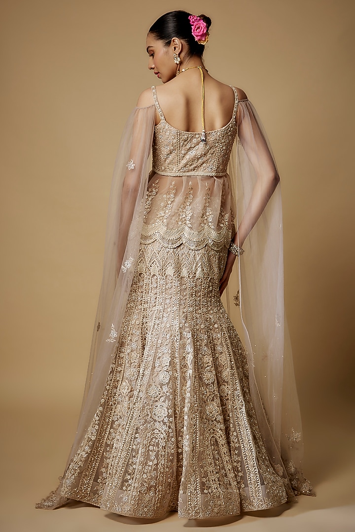 Beige & Ivory Net Cutdana Embroidered Bridal Lehenga Set by Maisolos at Pernia's Pop Up Shop
