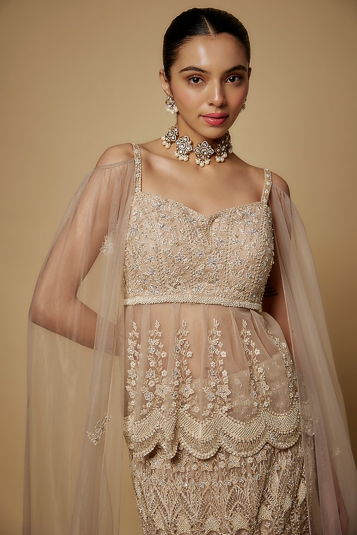 Beige & Ivory Net Cutdana Embroidered Bridal Lehenga Set by Maisolos at Pernia's Pop Up Shop