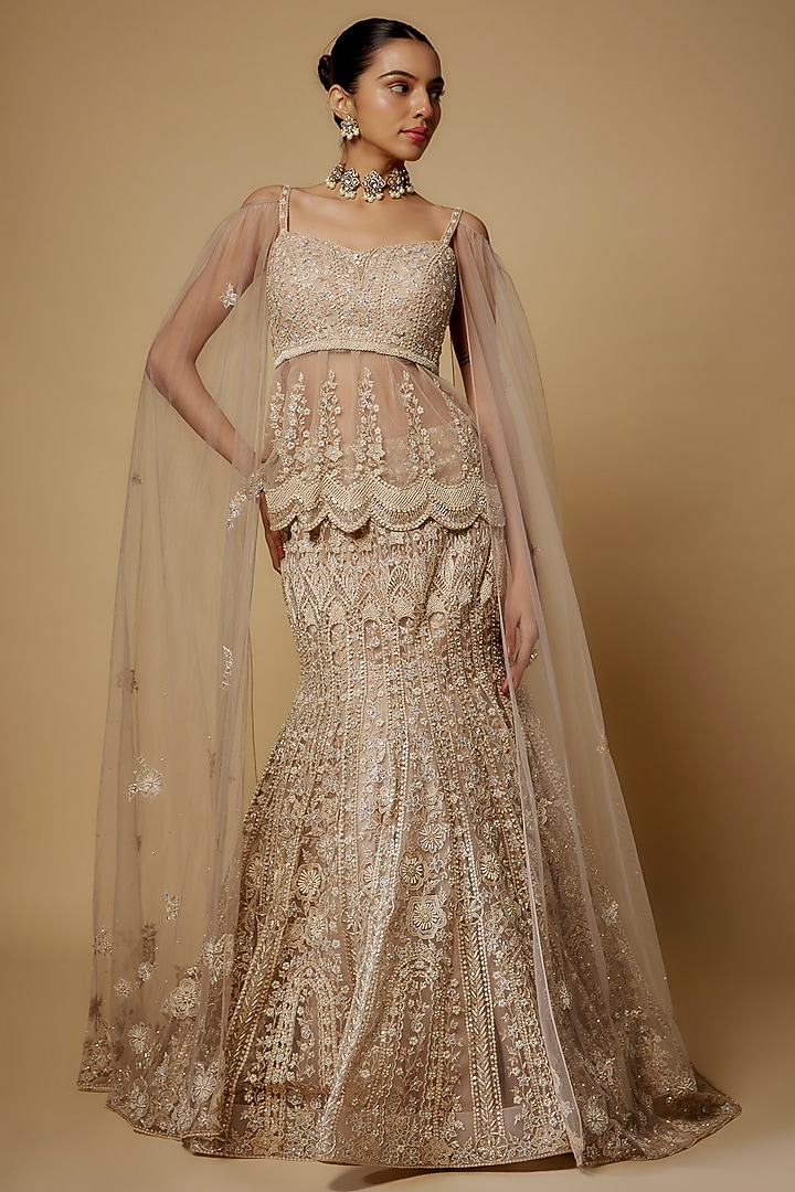 Beige & Ivory Net Cutdana Embroidered Bridal Lehenga Set by Maisolos at Pernia's Pop Up Shop