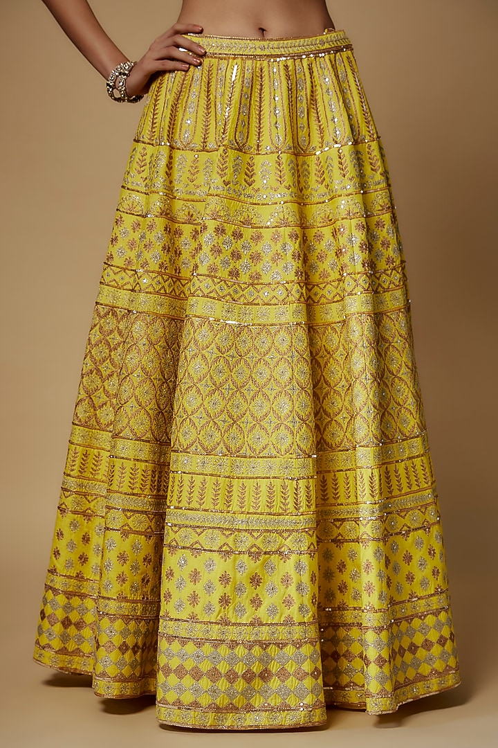 Yellow Raw Silk Aari Embroidered Wedding Lehenga Set by Maisolos at Pernia's Pop Up Shop