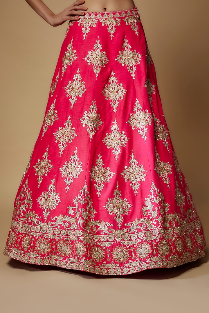 Fuchsia Pink Raw Silk & Net Aari Embroidered Wedding Lehenga Set by Maisolos at Pernia's Pop Up Shop