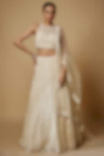 Ivory Net Hand Embroidered Bridal Lehenga Set by Maisolos at Pernia's Pop Up Shop