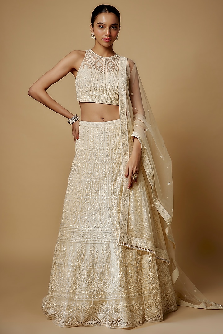 Ivory Net Hand Embroidered Bridal Lehenga Set by Maisolos at Pernia's Pop Up Shop