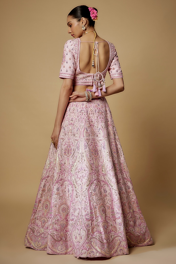Pink Raw Silk Applique & Cutdana Embroidered Bridal Lehenga Set by Maisolos at Pernia's Pop Up Shop
