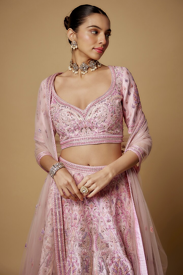 Pink Raw Silk Applique & Cutdana Embroidered Bridal Lehenga Set by Maisolos at Pernia's Pop Up Shop