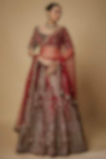 Maroon Velvet Zardosi Embroidered Bridal Lehenga Set by Maisolos at Pernia's Pop Up Shop