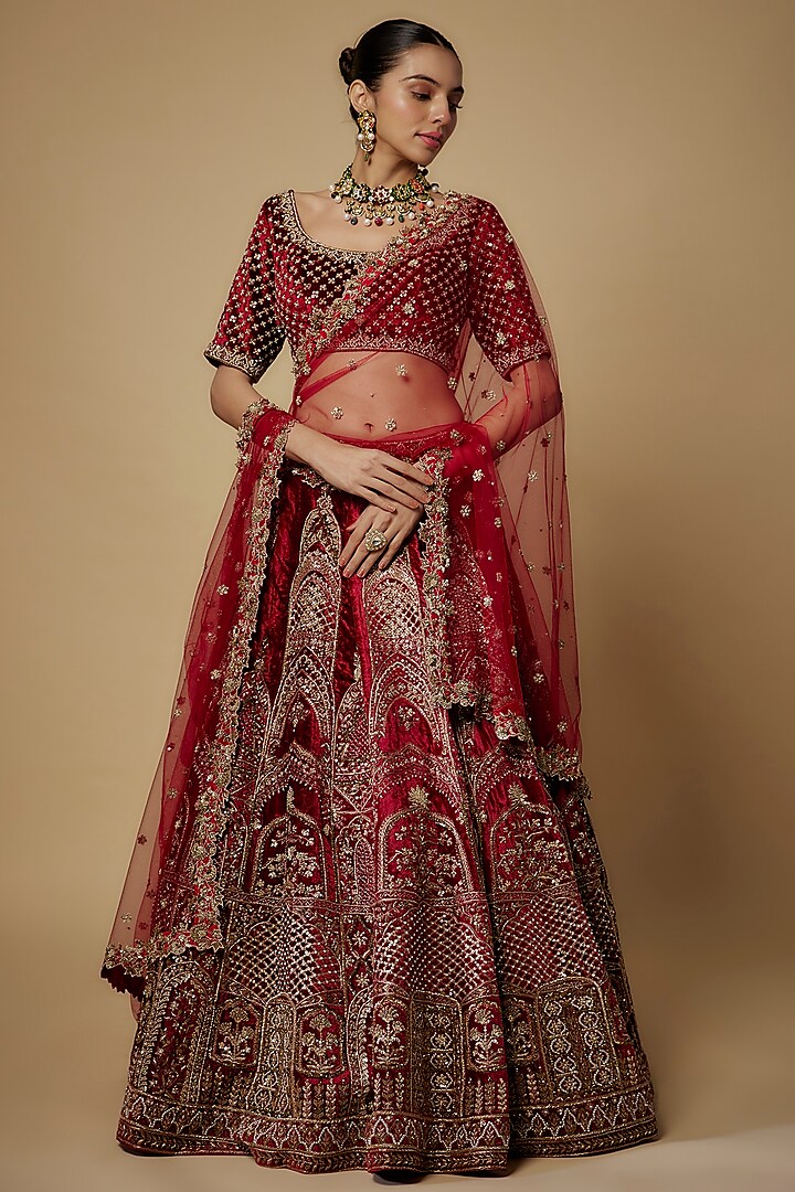 Maroon Velvet Zardosi Embroidered Bridal Lehenga Set by Maisolos at Pernia's Pop Up Shop