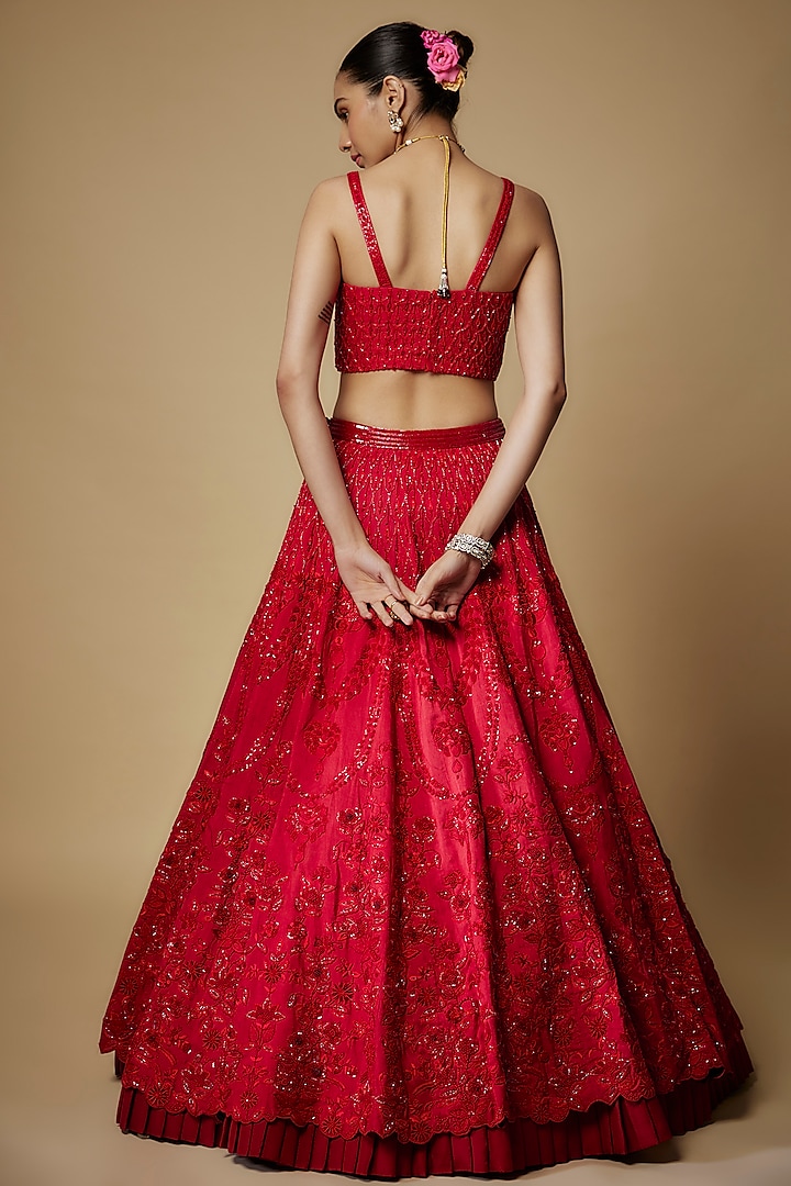 Red Raw Silk Cutdana & Beads Embroidered Bridal Lehenga Set by Maisolos at Pernia's Pop Up Shop