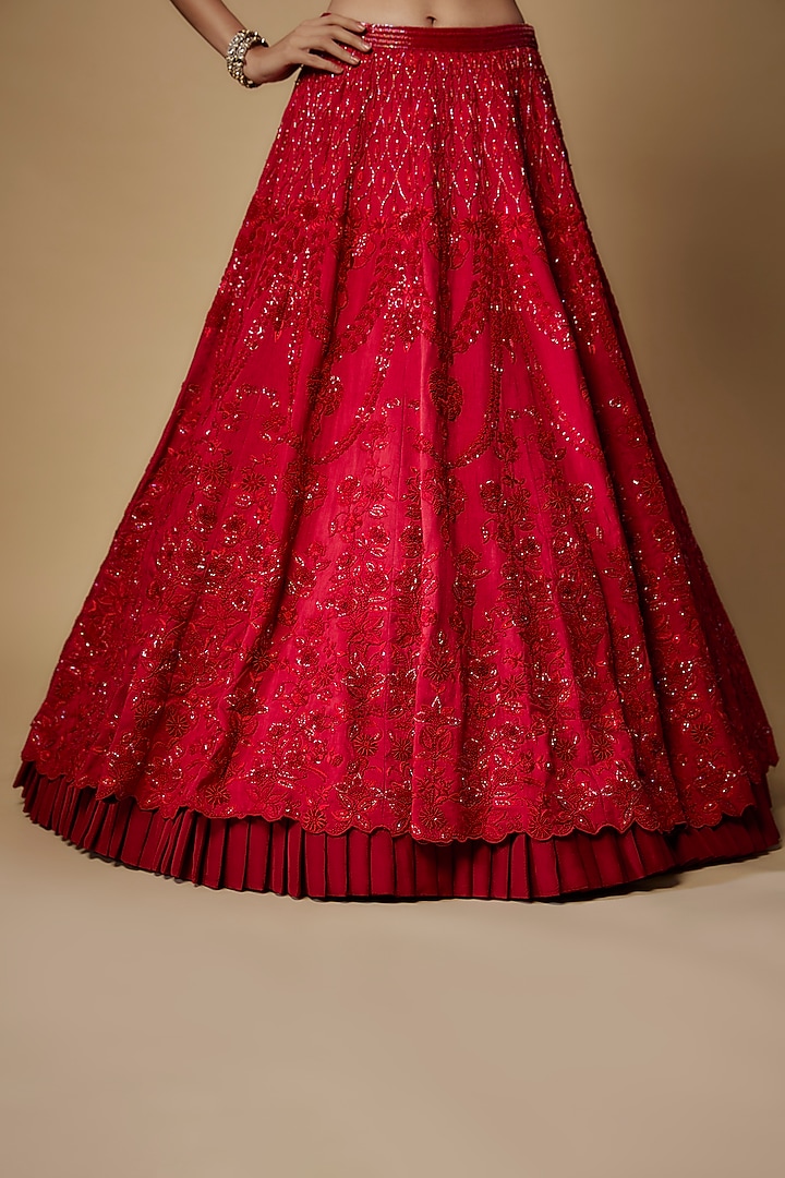 Red Raw Silk Cutdana & Beads Embroidered Bridal Lehenga Set by Maisolos at Pernia's Pop Up Shop
