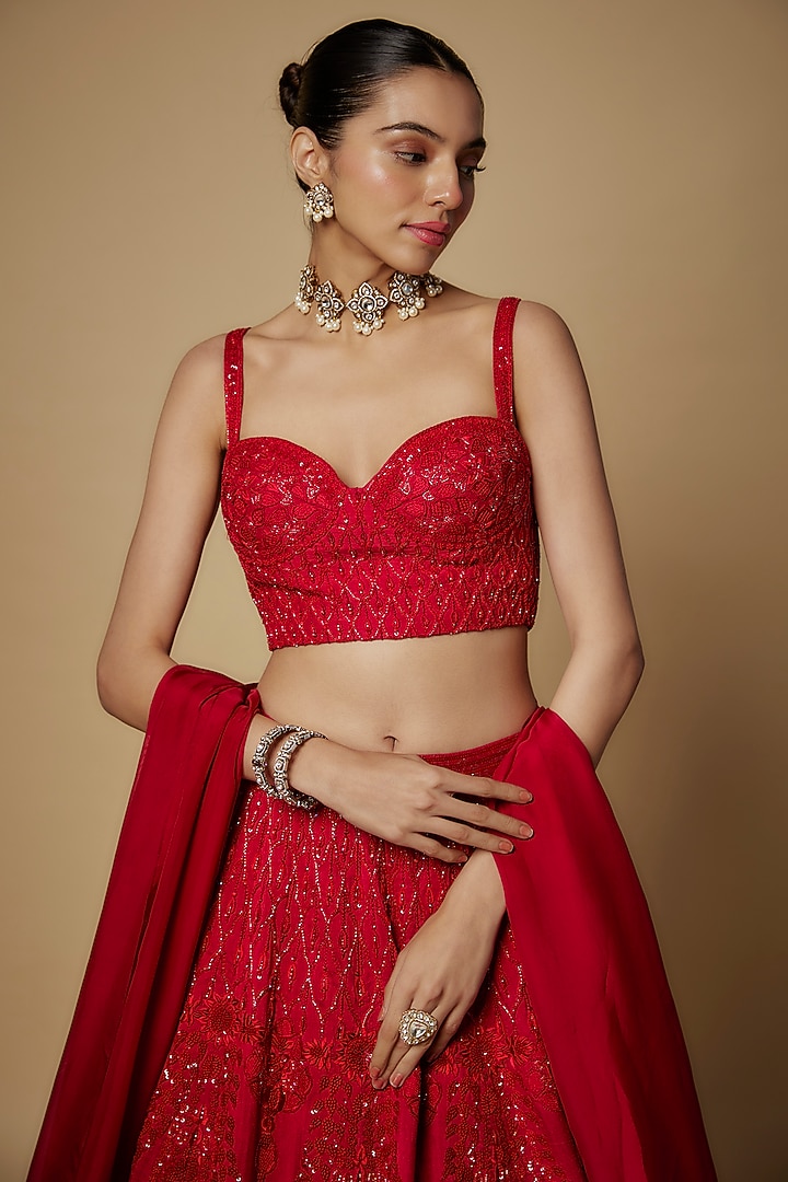 Red Raw Silk Cutdana & Beads Embroidered Bridal Lehenga Set by Maisolos at Pernia's Pop Up Shop