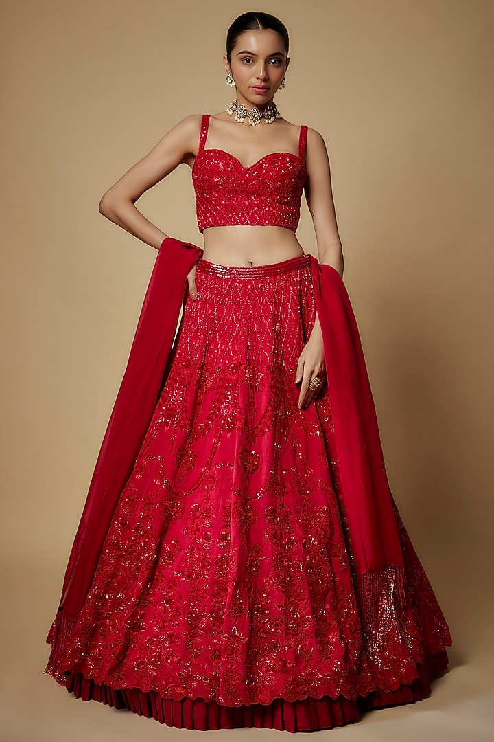 Red Raw Silk Cutdana & Beads Embroidered Bridal Lehenga Set by Maisolos at Pernia's Pop Up Shop