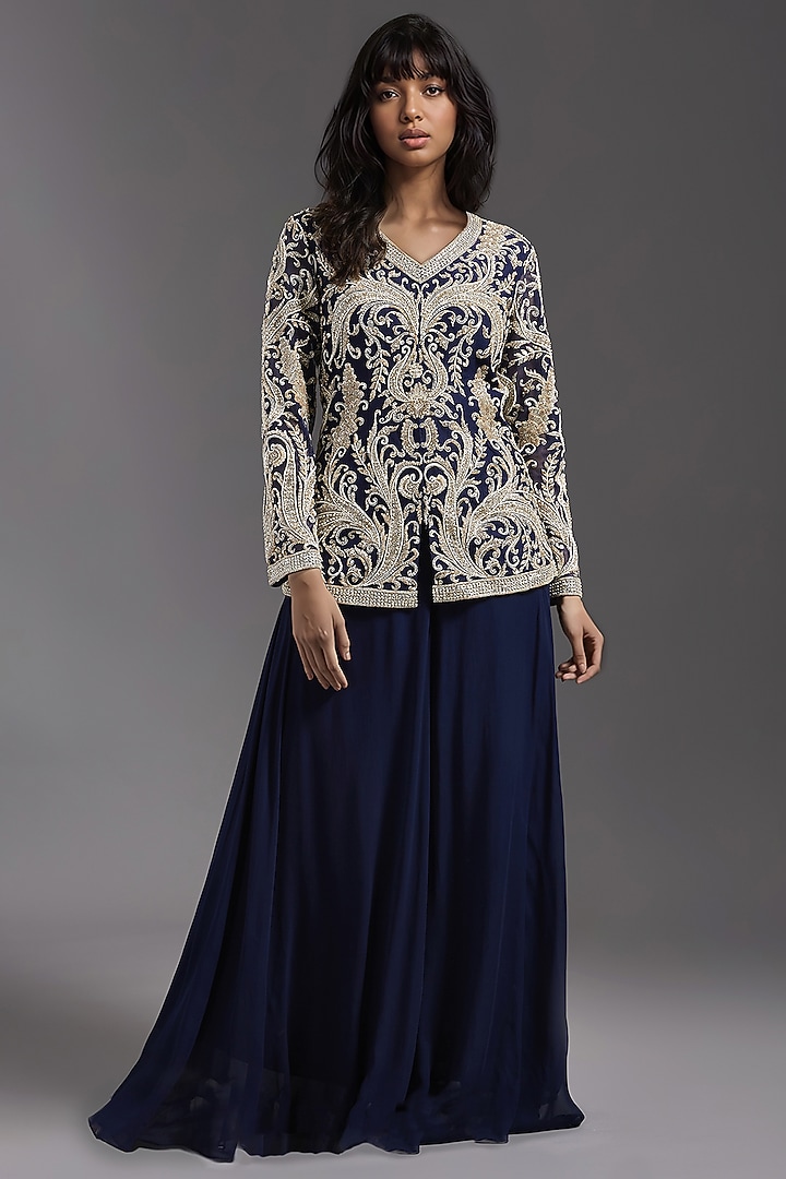 Navy Blue Georgette Bridal Sharara Set by Maisolos at Pernia's Pop Up Shop