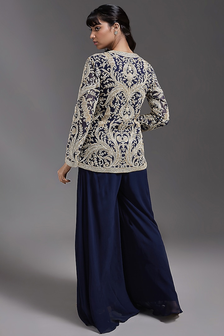 Navy Blue Georgette Bridal Sharara Set by Maisolos at Pernia's Pop Up Shop
