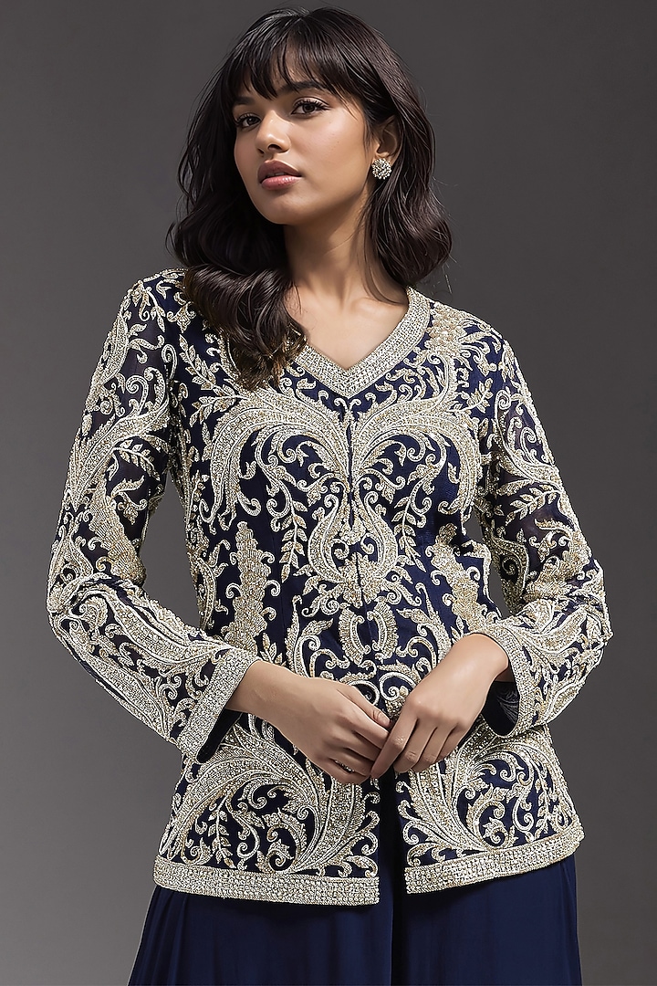 Navy Blue Georgette Bridal Sharara Set by Maisolos at Pernia's Pop Up Shop