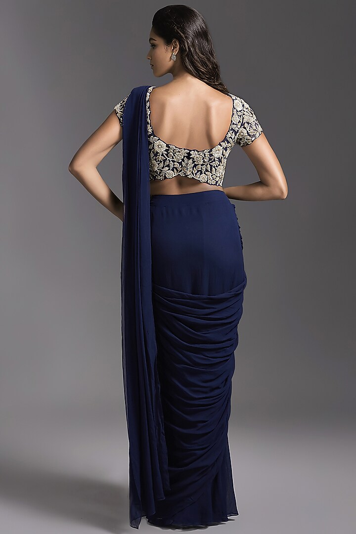 Navy Blue Georgette Draped Wedding Saree Set by Maisolos at Pernia's Pop Up Shop