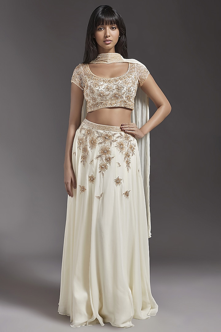 Ivory Georgette Hand Embroidered Lehenga Set by Maisolos