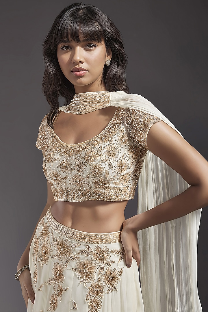 Ivory Georgette Hand Embroidered Wedding Lehenga Set by Maisolos at Pernia's Pop Up Shop