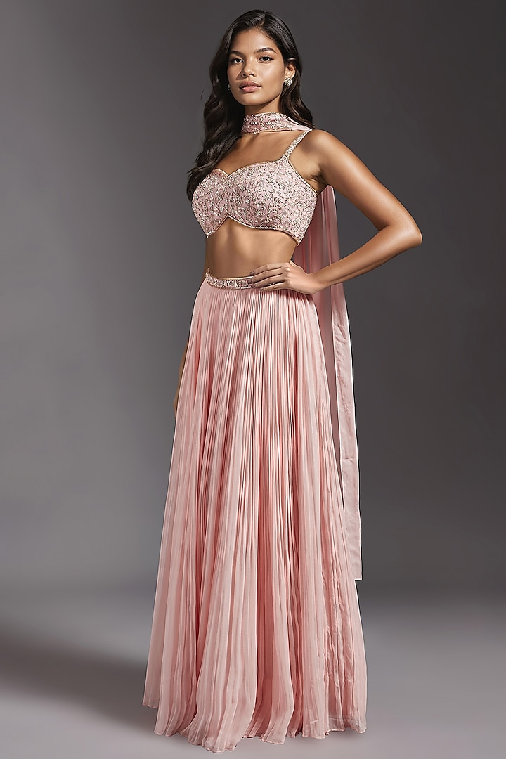 Pink Georgette Gathered Lehenga Set by Maisolos