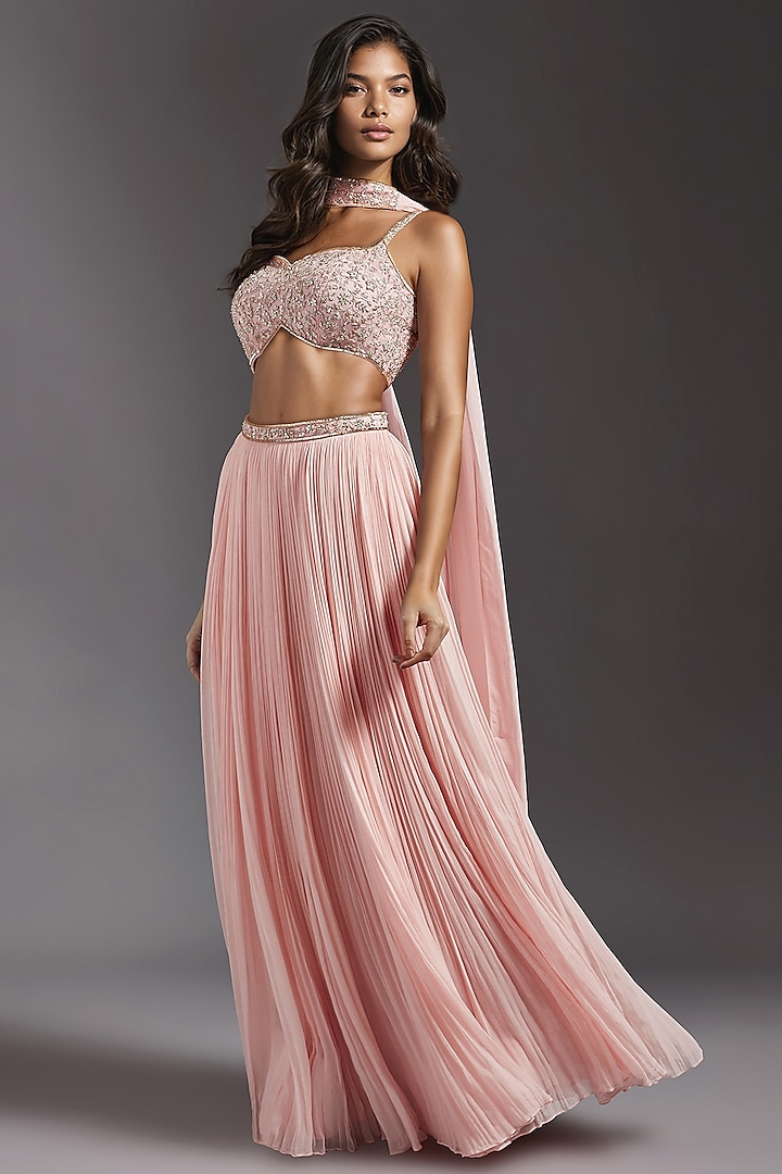 Pink Georgette Gathered Wedding Lehenga Set by Maisolos at Pernia's Pop Up Shop