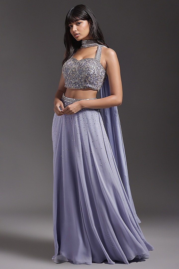 Lilac Georgette Embroidered Wedding Lehenga Set by Maisolos at Pernia's Pop Up Shop